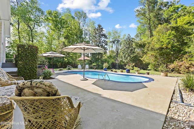 view of swimming pool featuring a patio and a fenced in pool