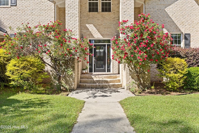 entrance to property featuring a yard and brick siding