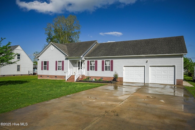 ranch-style house with a garage, crawl space, a front lawn, a shingled roof, and driveway