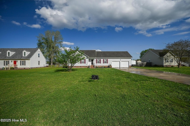 view of front of home with crawl space, driveway, a garage, and a front lawn