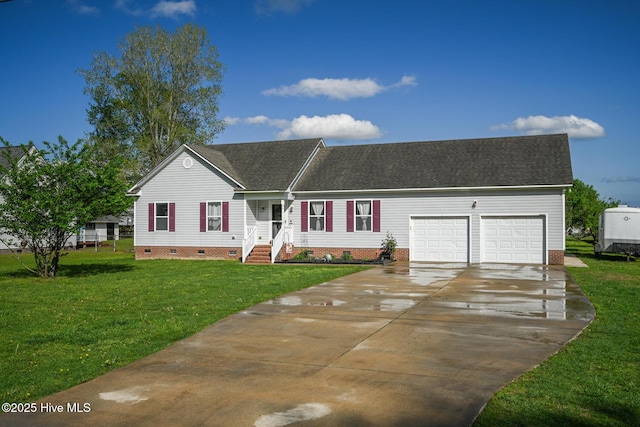 view of front of home with crawl space, a front lawn, an attached garage, a shingled roof, and driveway