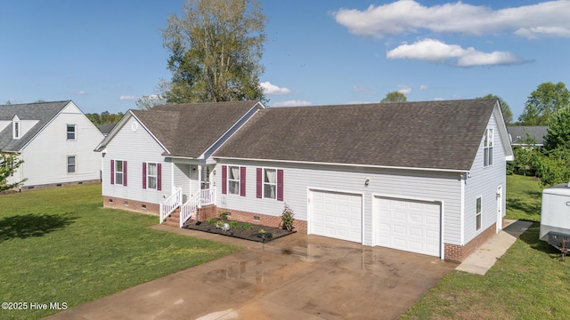 view of front facade with a front yard, a shingled roof, an attached garage, crawl space, and concrete driveway