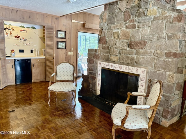 207 Bump A Long Ln, Southern Pines, NC 28387 - living area featuring wooden walls, a stone fireplace, and a textured ceiling