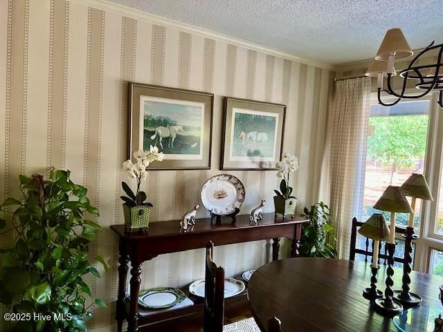 207 Bump A Long Ln, Southern Pines, NC 28387 - interior space featuring a notable chandelier, a textured ceiling, and crown molding