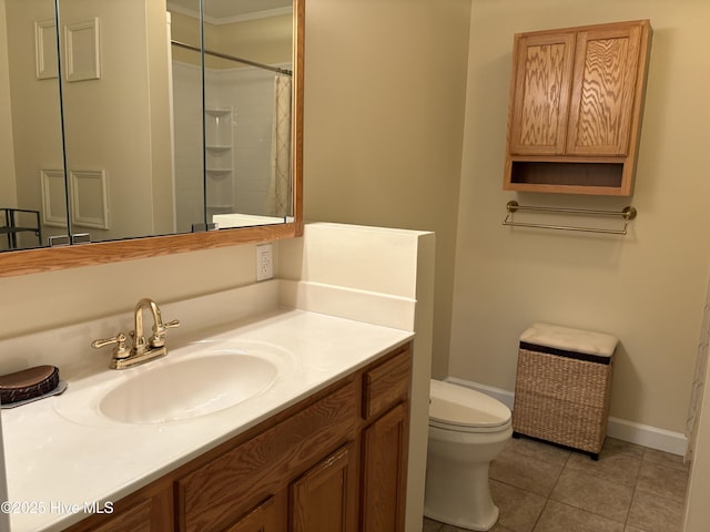 207 Bump A Long Ln, Southern Pines, NC 28387 - bathroom with vanity, baseboards, curtained shower, tile patterned flooring, and toilet