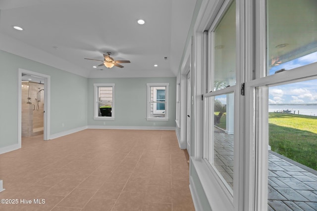 1129 Bennett Rd Unit 8B, Minnesott Beach, NC 28510 - interior space with baseboards, recessed lighting, a water view, and ceiling fan
