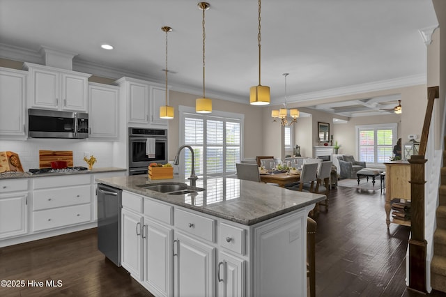 kitchen with a sink, plenty of natural light, stainless steel appliances, and crown molding