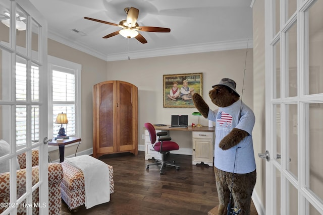 office with ceiling fan, visible vents, baseboards, dark wood-style floors, and ornamental molding