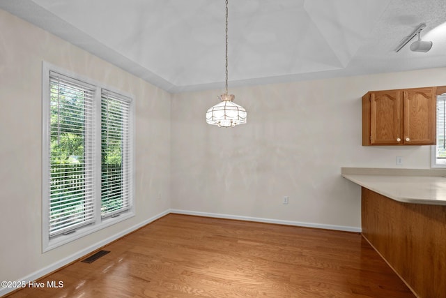 unfurnished dining area featuring visible vents, light wood-style flooring, plenty of natural light, and baseboards