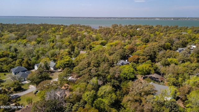 bird's eye view featuring a water view and a view of trees