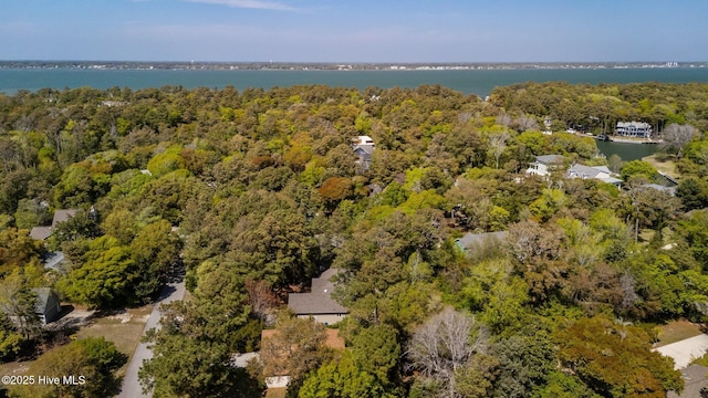 birds eye view of property featuring a water view and a view of trees