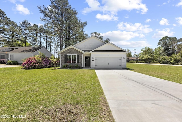 5900 Santo Domingo Ct, New Bern, NC 28560 - single story home with concrete driveway, a front lawn, stone siding, and a garage