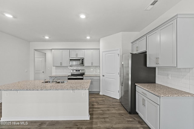 5900 Santo Domingo Ct, New Bern, NC 28560 - kitchen featuring backsplash, dark wood-style flooring, a center island with sink, a sink, and stainless steel appliances