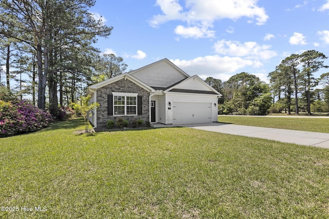 5900 Santo Domingo Ct, New Bern, NC 28560 - view of front of house with a garage, stone siding, a front yard, and concrete driveway