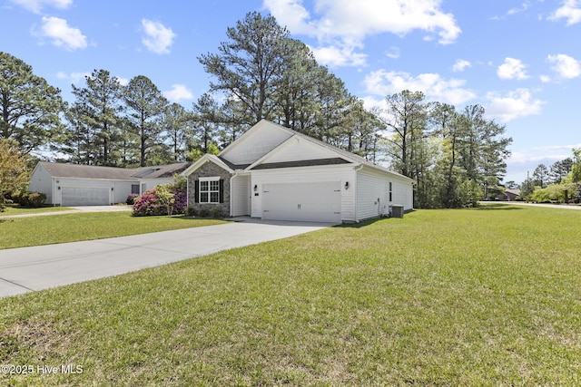 5900 Santo Domingo Ct, New Bern, NC 28560 - view of front of home featuring concrete driveway, an attached garage, a front yard, and central air condition unit