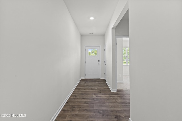 5900 Santo Domingo Ct, New Bern, NC 28560 - doorway with baseboards, recessed lighting, and dark wood finished floors