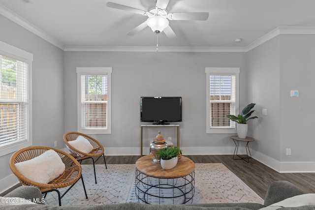 761 Cypress Village Pl, Wilmington, NC 28412 - living area featuring wood finished floors, ornamental molding, baseboards, and ceiling fan