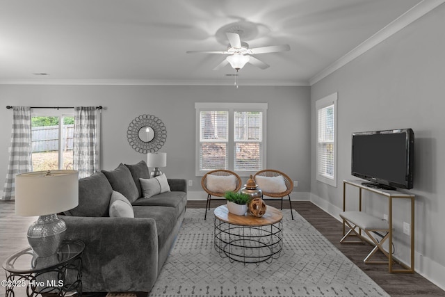761 Cypress Village Pl, Wilmington, NC 28412 - living room featuring baseboards, a ceiling fan, dark wood-style floors, and ornamental molding