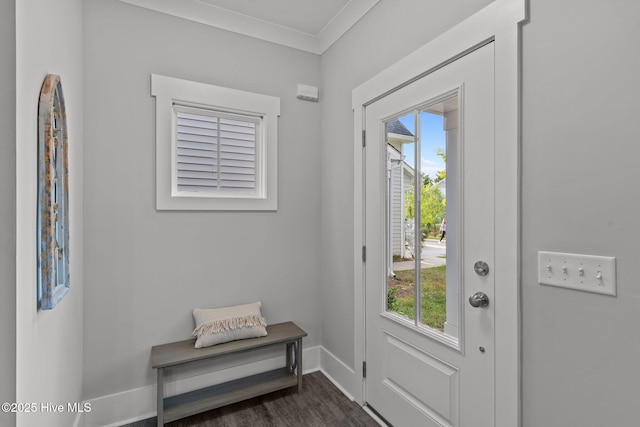 761 Cypress Village Pl, Wilmington, NC 28412 - doorway to outside featuring a wealth of natural light, ornamental molding, baseboards, and dark wood-style flooring
