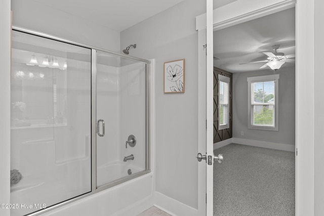 761 Cypress Village Pl, Wilmington, NC 28412 - bathroom with bath / shower combo with glass door, a ceiling fan, and baseboards