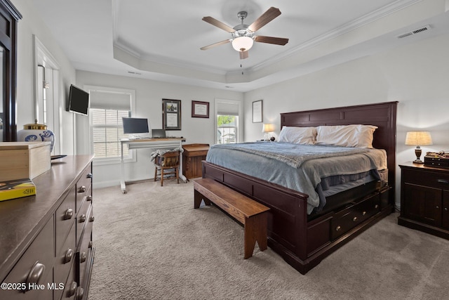 506 White Shoal Way, Sneads Ferry, NC 28460 - bedroom featuring carpet floors, ornamental molding, a tray ceiling, and multiple windows
