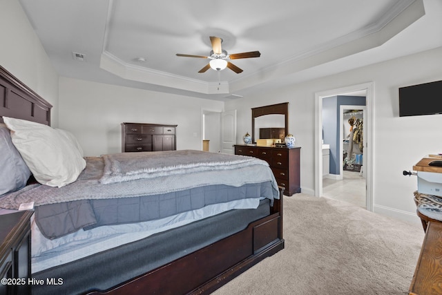 506 White Shoal Way, Sneads Ferry, NC 28460 - carpeted bedroom with crown molding, a ceiling fan, baseboards, a tray ceiling, and visible vents