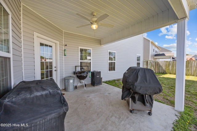 506 White Shoal Way, Sneads Ferry, NC 28460 - view of patio featuring ceiling fan, fence, and a grill