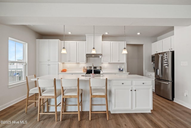 kitchen with baseboards, appliances with stainless steel finishes, a kitchen island with sink, under cabinet range hood, and wood finished floors