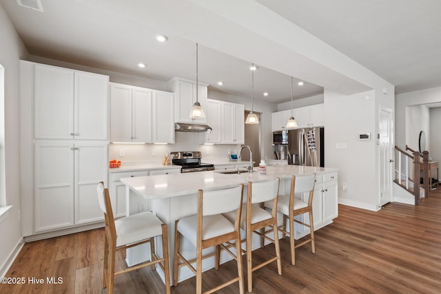 kitchen featuring under cabinet range hood, wood finished floors, a sink, stainless steel appliances, and a center island with sink