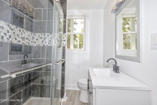 504 Belmont Ave SW, Wilson, NC 27893 - bathroom featuring vanity, a stall shower, toilet, and wood finished floors