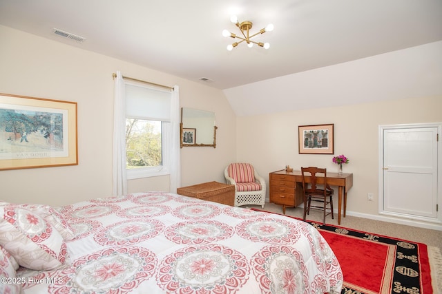 101 Beaufort Walk, Beaufort, NC 28516 - bedroom featuring lofted ceiling, carpet, visible vents, and a notable chandelier