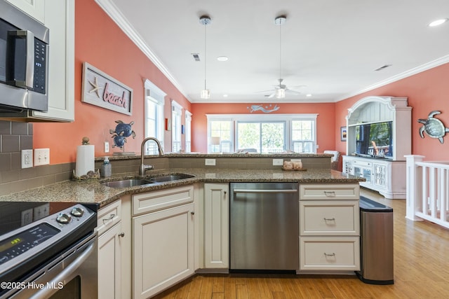 kitchen with crown molding, a sink, ceiling fan, stainless steel appliances, and a peninsula
