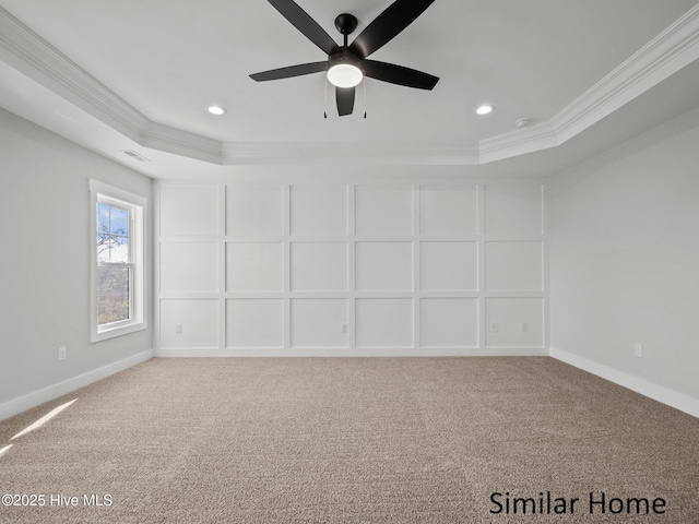 295 E Ivybridge Dr, Hubert, NC 28539 - carpeted empty room with ornamental molding, a tray ceiling, ceiling fan, and recessed lighting