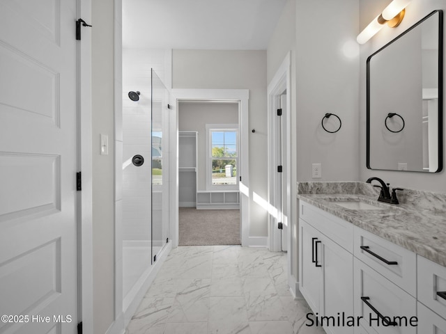 295 E Ivybridge Dr, Hubert, NC 28539 - full bathroom featuring marble look tiles, vanity, and a tile shower