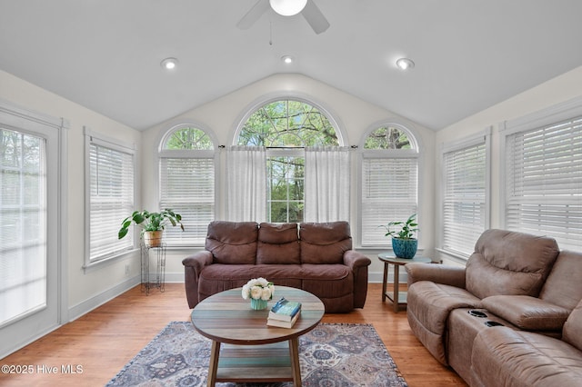 379 Greenbrier Rd, Tarboro, NC 27886 - living area featuring baseboards, ceiling fan, light wood-style floors, recessed lighting, and vaulted ceiling