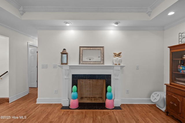 379 Greenbrier Rd, Tarboro, NC 27886 - living room with baseboards, ornamental molding, a fireplace, recessed lighting, and wood finished floors
