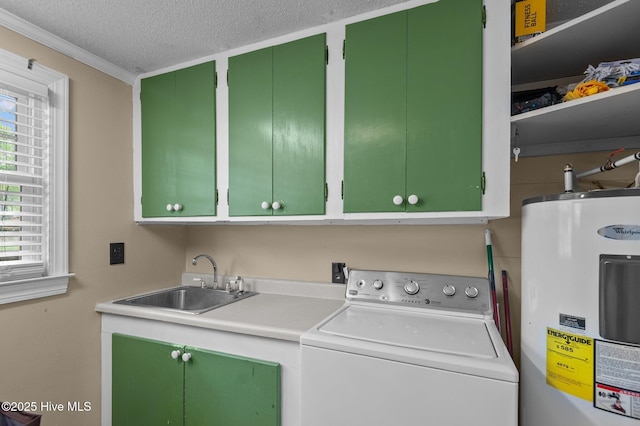 379 Greenbrier Rd, Tarboro, NC 27886 - clothes washing area featuring crown molding, water heater, a sink, washer / dryer, and cabinet space