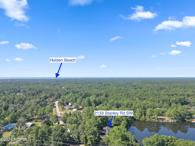 birds eye view of property featuring a wooded view and a water view