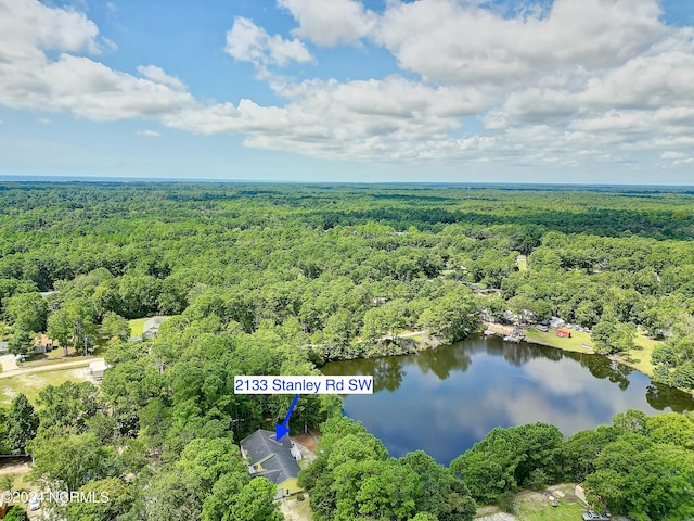 aerial view featuring a water view and a forest view