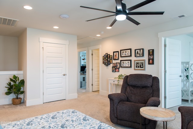bedroom with carpet floors, recessed lighting, baseboards, and ceiling fan