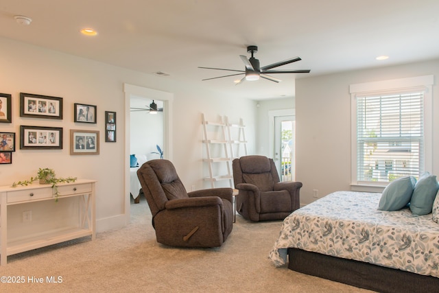 bedroom with carpet flooring, recessed lighting, and ceiling fan