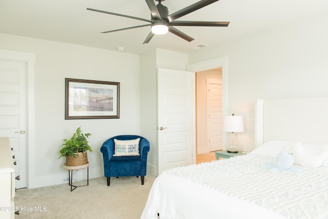 bedroom with light colored carpet and ceiling fan