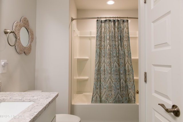 bathroom with shower / bathtub combination with curtain, toilet, vanity, and recessed lighting