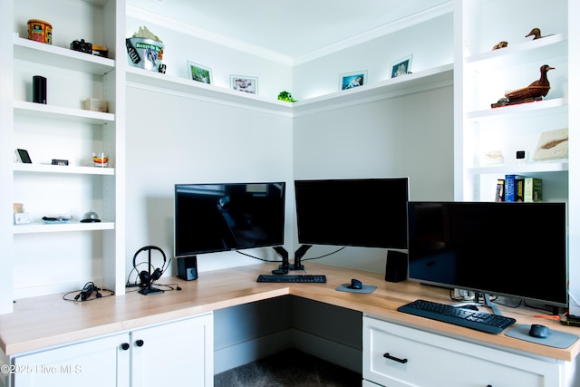 office featuring ornamental molding, built in study area, and built in features