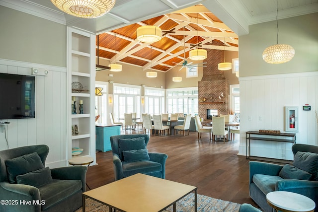 living room with a ceiling fan, wood ceiling, dark wood-style floors, beamed ceiling, and high vaulted ceiling