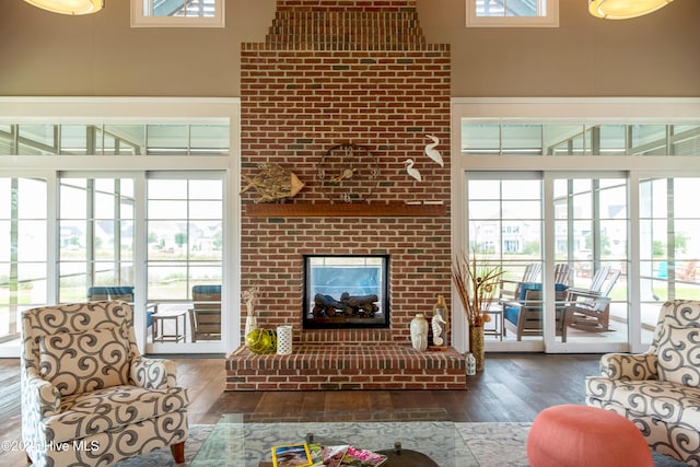living room featuring hardwood / wood-style flooring and a fireplace