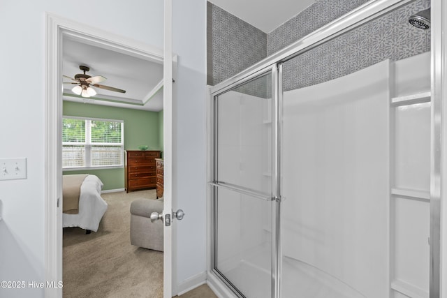 7351 Bellacroft Dr, Leland, NC 28451 - bathroom with a stall shower, ensuite bathroom, a ceiling fan, and baseboards