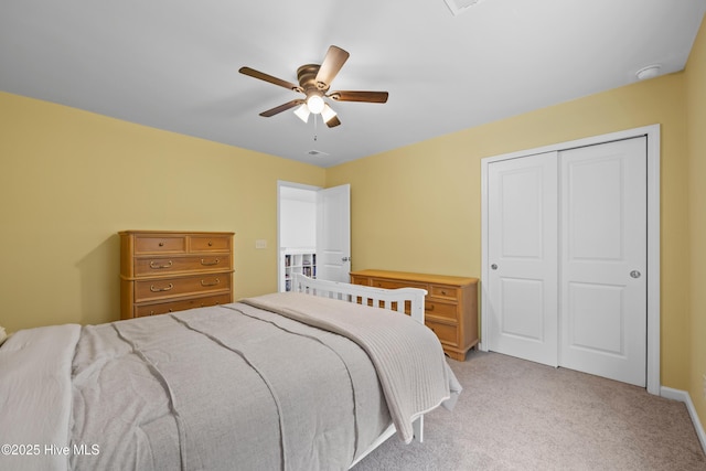 7351 Bellacroft Dr, Leland, NC 28451 - bedroom featuring light carpet, a closet, a ceiling fan, and baseboards