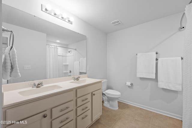 7351 Bellacroft Dr, Leland, NC 28451 - full bathroom featuring toilet, double vanity, curtained shower, baseboards, and tile patterned floors