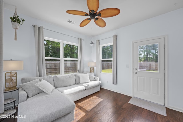 7351 Bellacroft Dr, Leland, NC 28451 - living room with dark wood-type flooring, ceiling fan, and baseboards